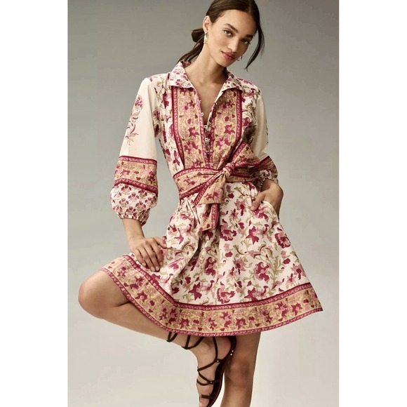 Sue Sartor Dresses & Skirts - SUE SARTOR Anthropologie Long-Sleeve Flounce Dress Pink Peridot Dahlia Floral L